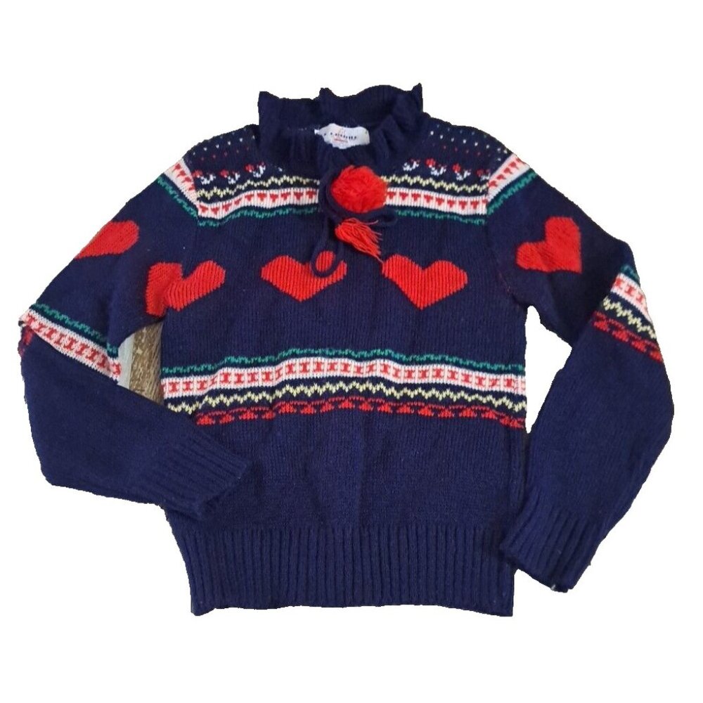 Girls VTG Sweater Blue Red Hearts Pom Poms JJ Poole Orlon Acrylic Fair Isle 7